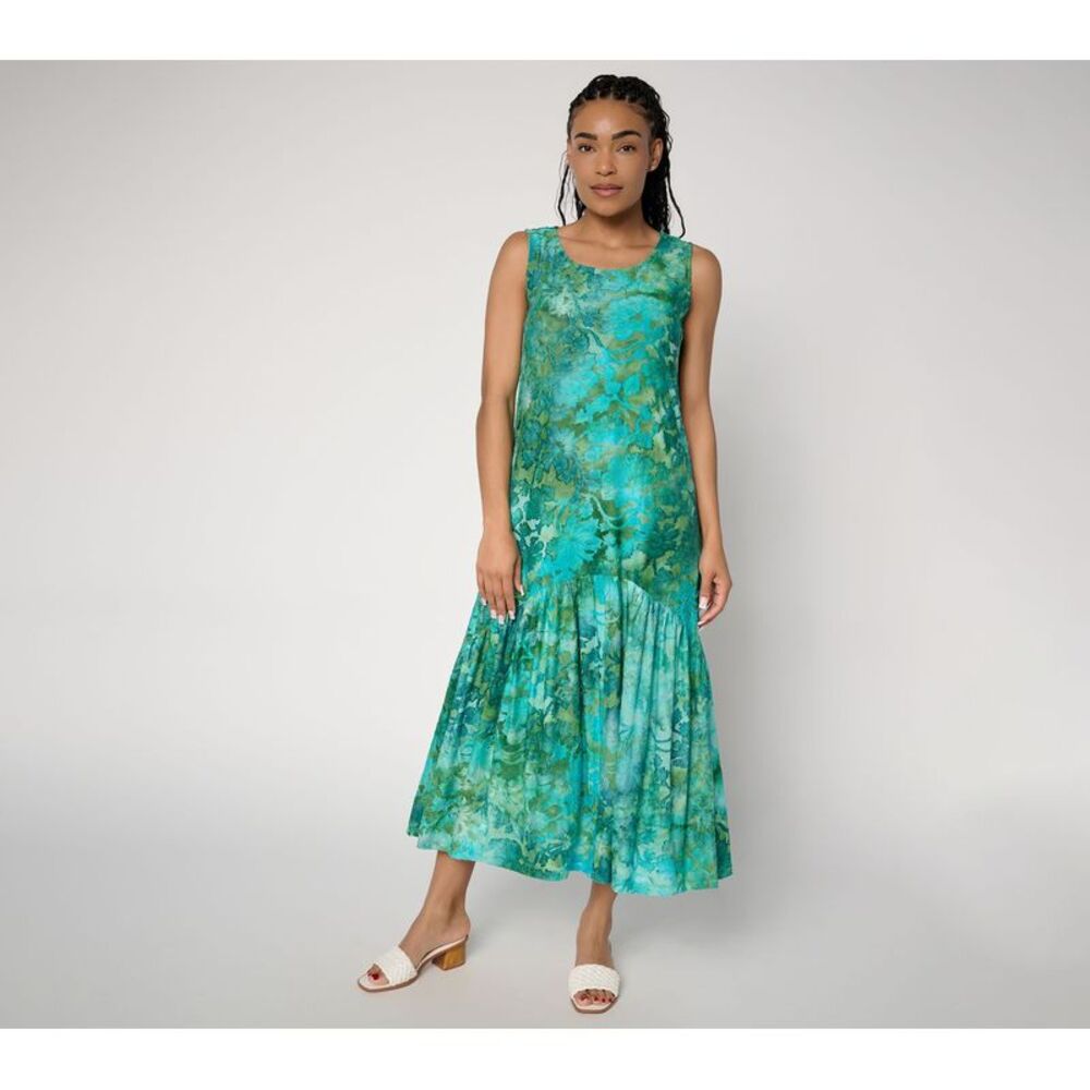 Susan Graver Women's Petite Dress PM Printed Burnout Tiered DarkGreen
